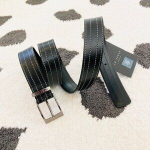 NWT $85 Ted Baker Mens Size 34 Bosmat Black Stitch Detail Leather Gunmetal Belt